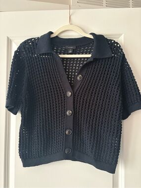 Halogen Navy Open-Knit Button Front Short-Sleeve Cardigan